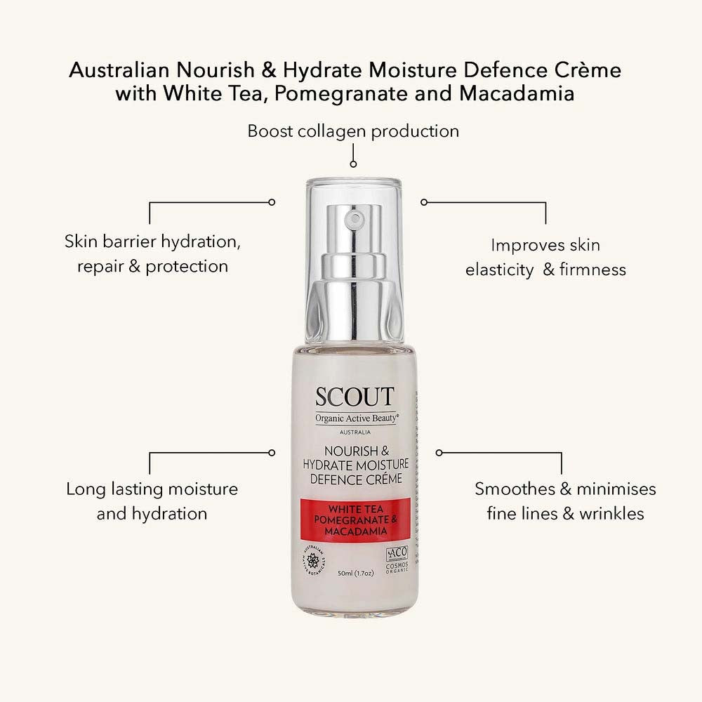 SCOUT Organic Active Beauty Nourish & Hydrate Moisture Defense Moisturizer Creme With White Tea, Pomegranate And Macadamia