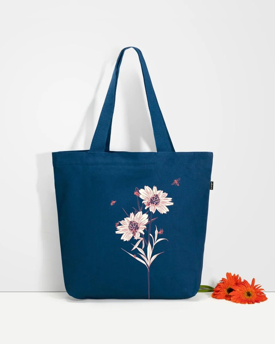 Happy Flowers | Large Canvas Tote Bag for Women, Tote Handbags for Women with Zipper & Inner Pocket for College, Shopping, Office