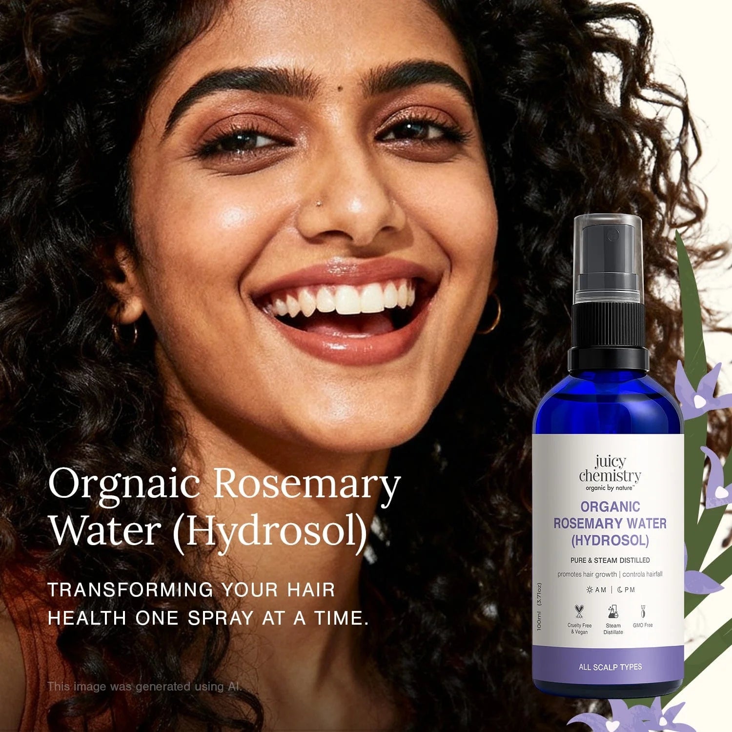 Juicy Chemistry Organic Rosemary Water Hydrosol (100 ml) — Hair Growth & Reduction in Hair fall | Juicy Chemistry