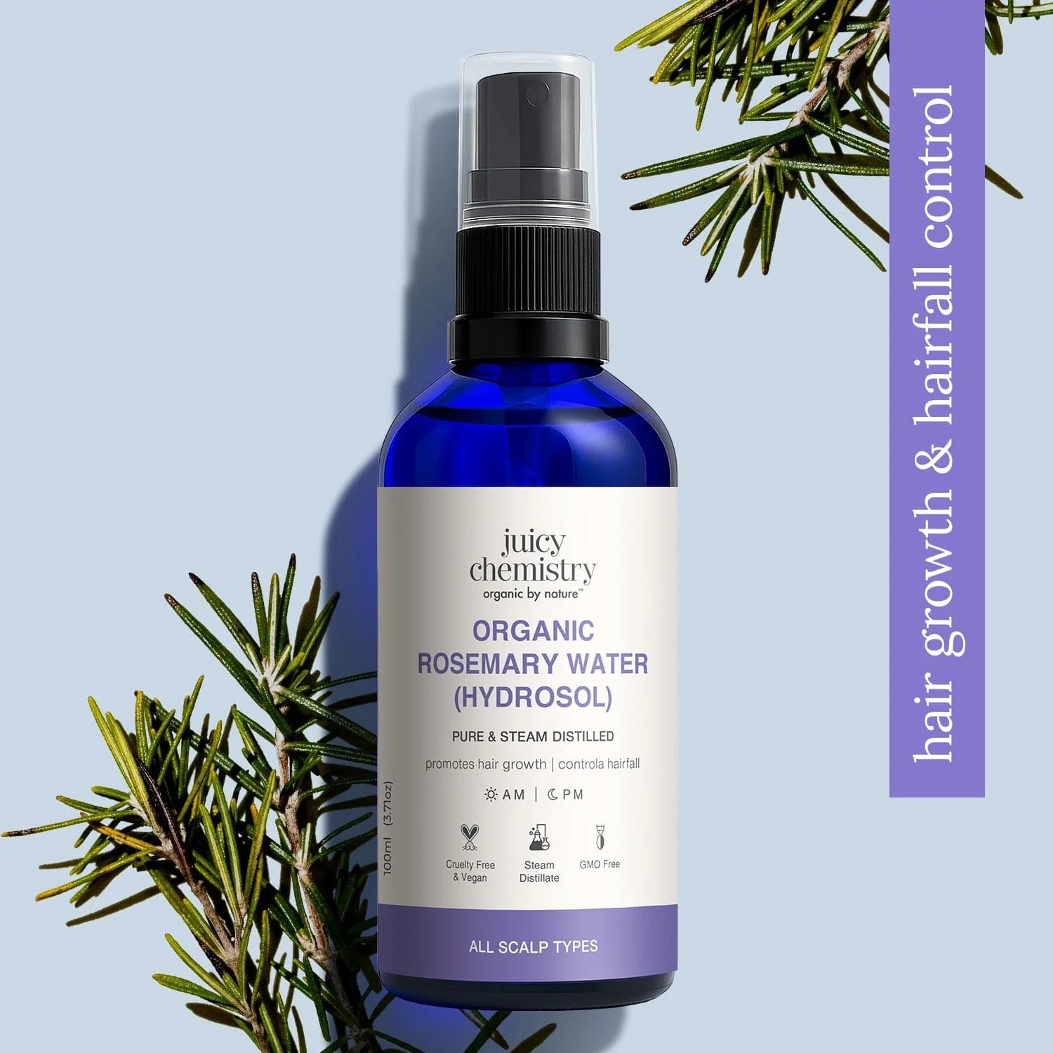 Juicy Chemistry Organic Rosemary Water Hydrosol (100 ml) — Hair Growth & Reduction in Hair fall | Juicy Chemistry