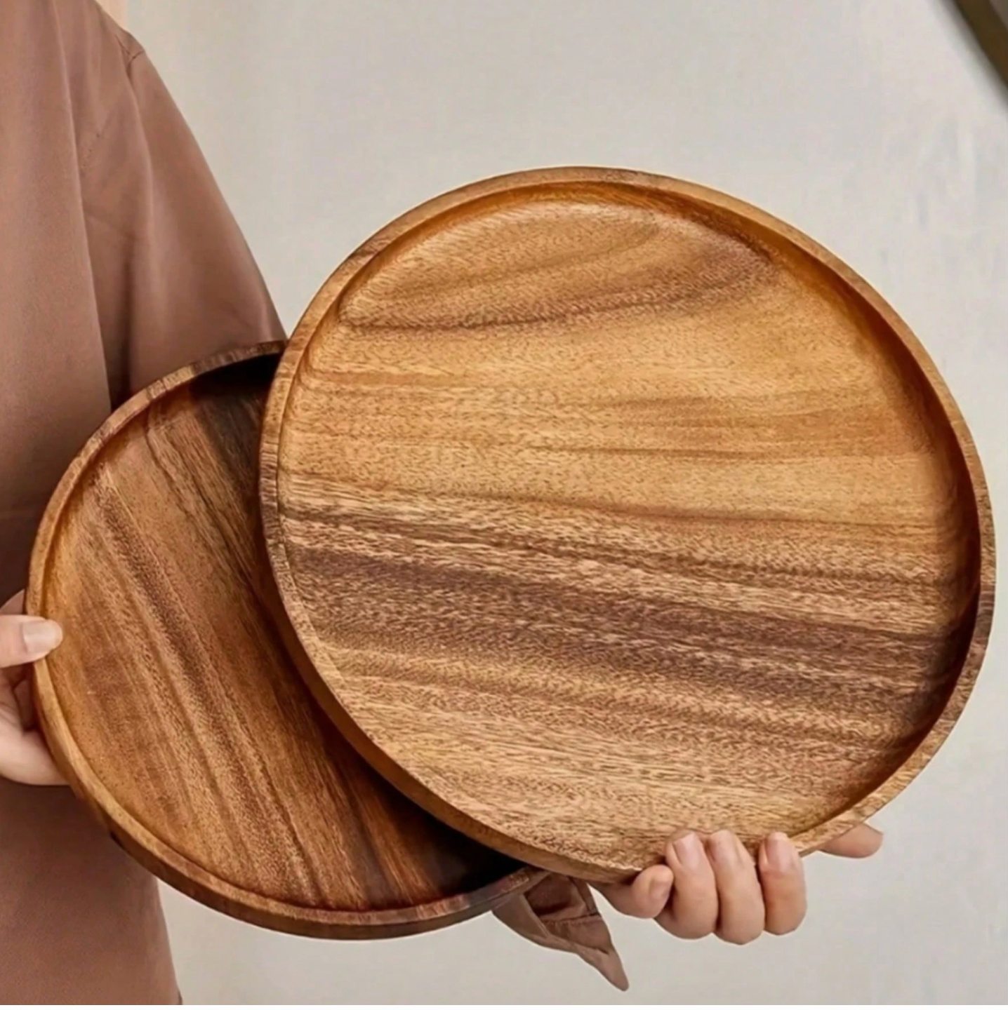 4-Sized Acacia Wood Round Tray – Wooden Plate for Kitchen & Dining Table Decoration, Suitable for Coffee Tables & Home Décor
