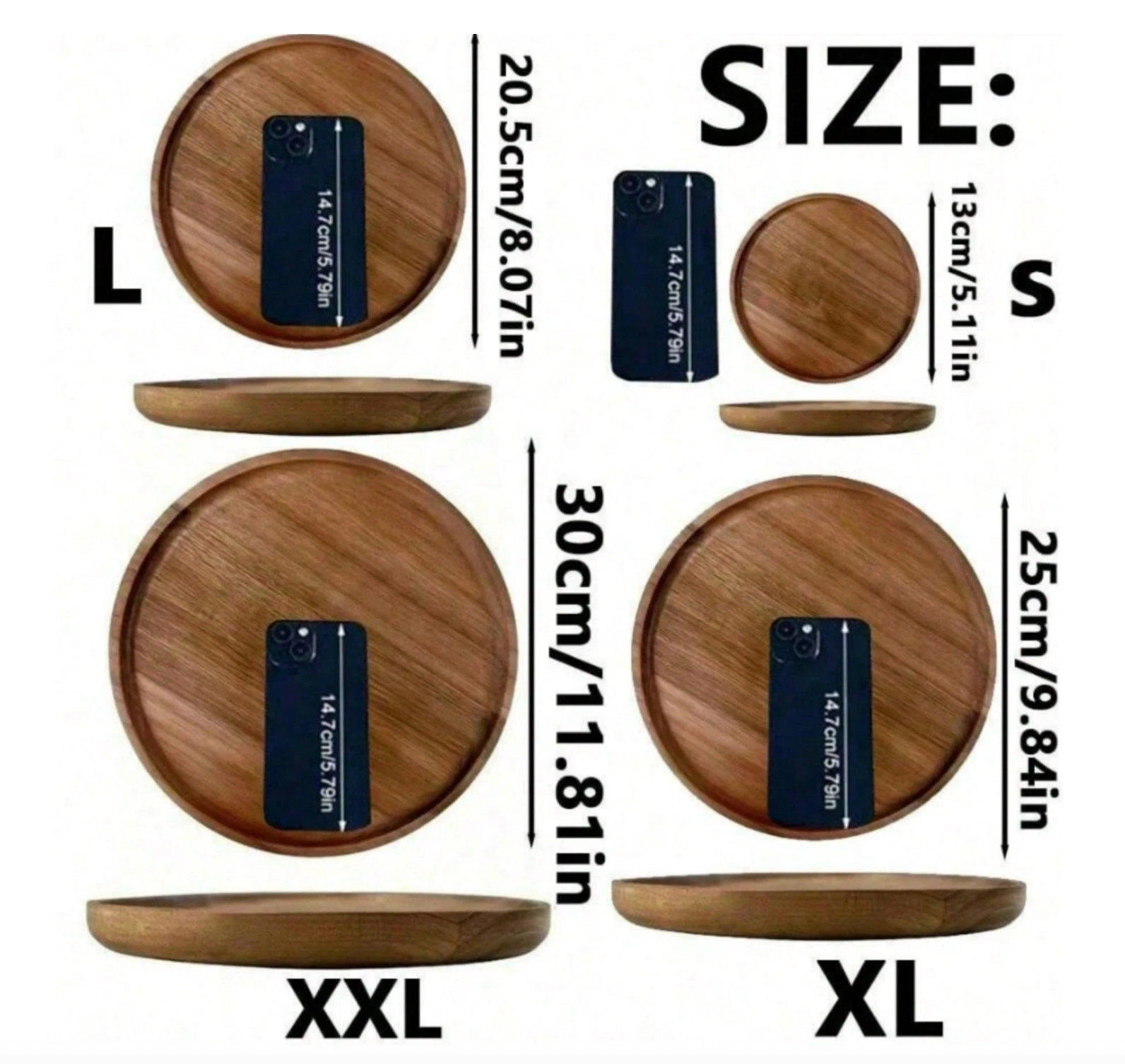 4-Sized Acacia Wood Round Tray – Wooden Plate for Kitchen & Dining Table Decoration, Suitable for Coffee Tables & Home Décor