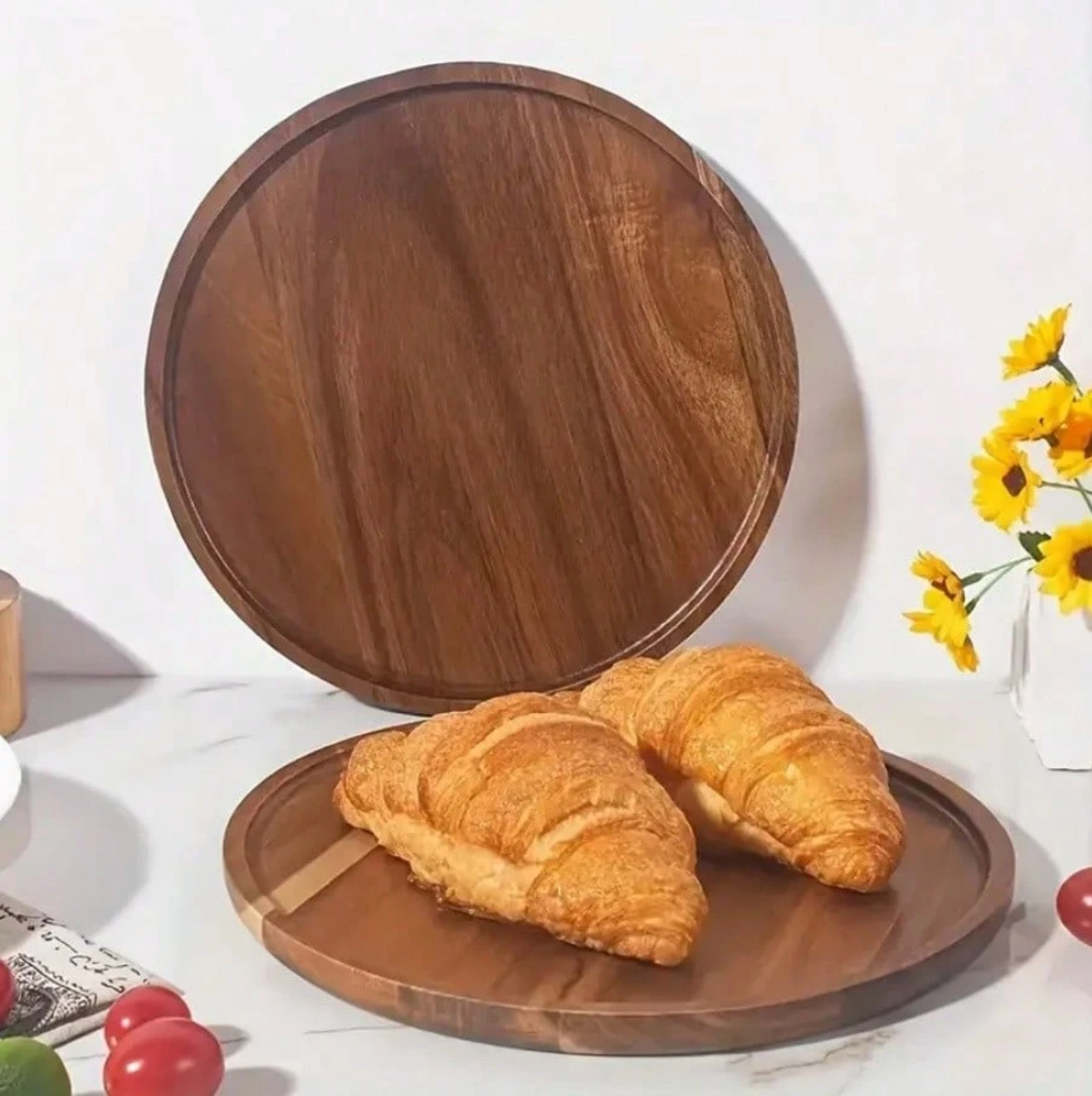 4-Sized Acacia Wood Round Tray – Wooden Plate for Kitchen & Dining Table Decoration, Suitable for Coffee Tables & Home Décor