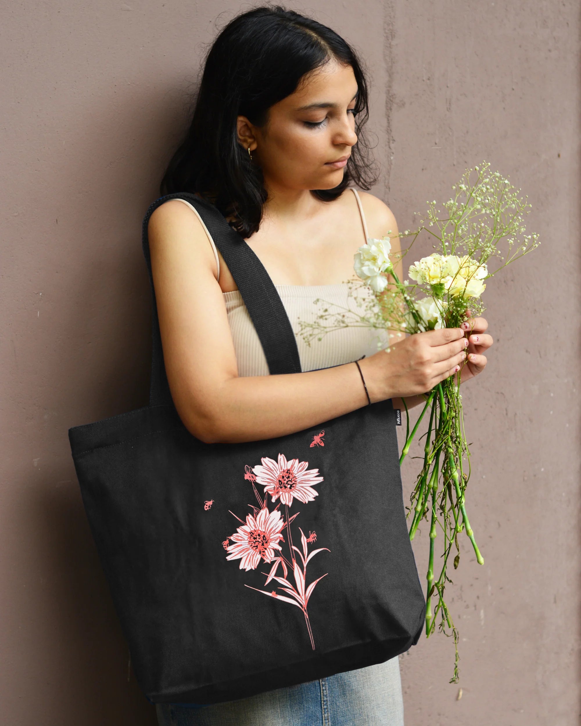 Happy Flowers Black | Large Canvas Tote Bag for Women, Tote Handbags for Women with Zipper & Inner Pocket for College, Shopping, Office