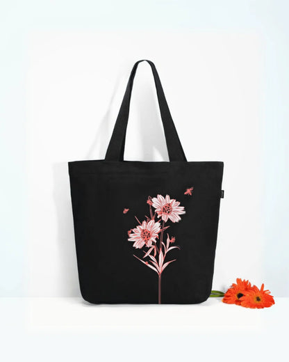 Happy Flowers Black | Large Canvas Tote Bag for Women, Tote Handbags for Women with Zipper & Inner Pocket for College, Shopping, Office