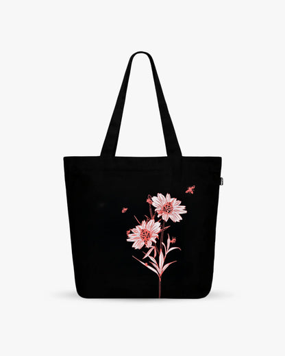 Happy Flowers Black | Large Canvas Tote Bag for Women, Tote Handbags for Women with Zipper & Inner Pocket for College, Shopping, Office